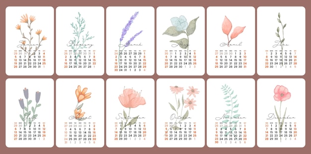 Colorful flower floral illustration for a 2025 New Year monthly calendar