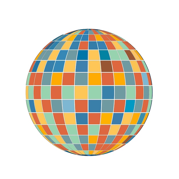 Colorful geometric disco ball with a mosaic tile pattern on a white background