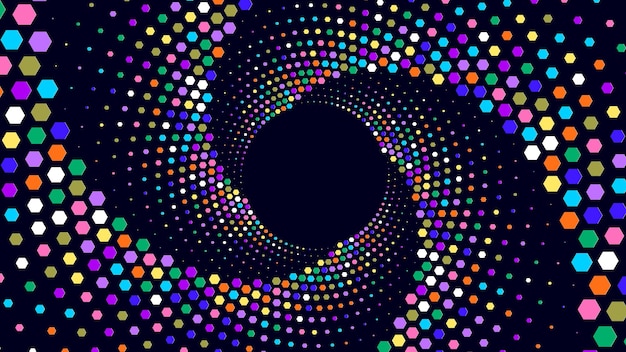 Colorful hexagons forming a swirling spiral pattern around a dark center