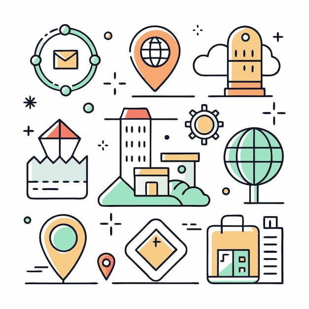 Colorful Illustration of World Building Location Pins and Envelope
