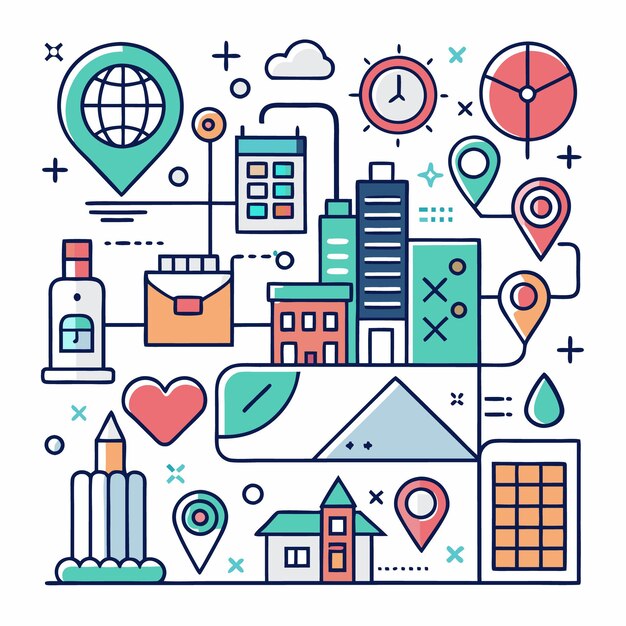 Colorful Line Art Illustration of Cityscape with Map and Location Markers
