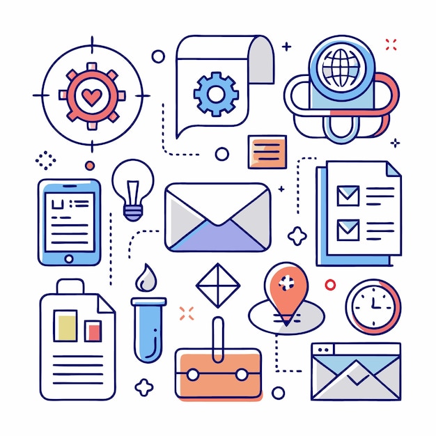 Colorful line art illustration with various business social media and web icons