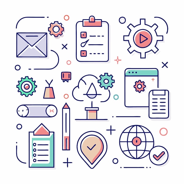 Colorful line icons representing website development design and workflow