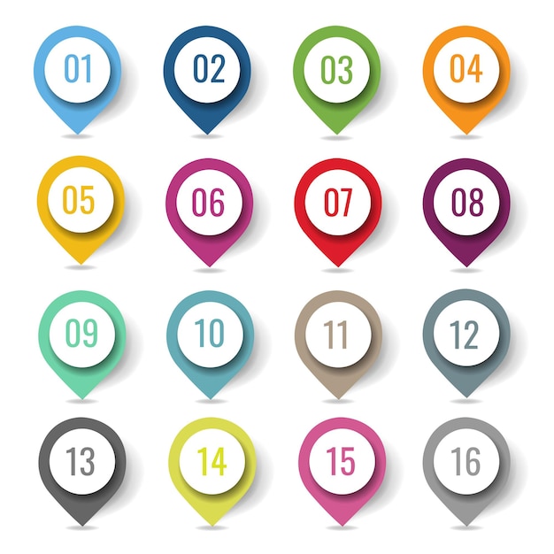 colorful location pin set isolated transparent background with gradient mesh