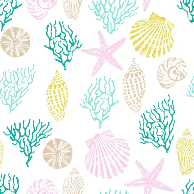 Colorful marine seamless pattern of corals, shells, starfish. Vector illustration