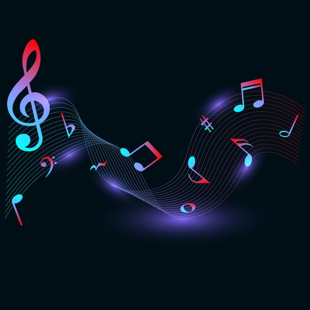 Colorful music notes with purple glow on dark background isolated musical vector illustration