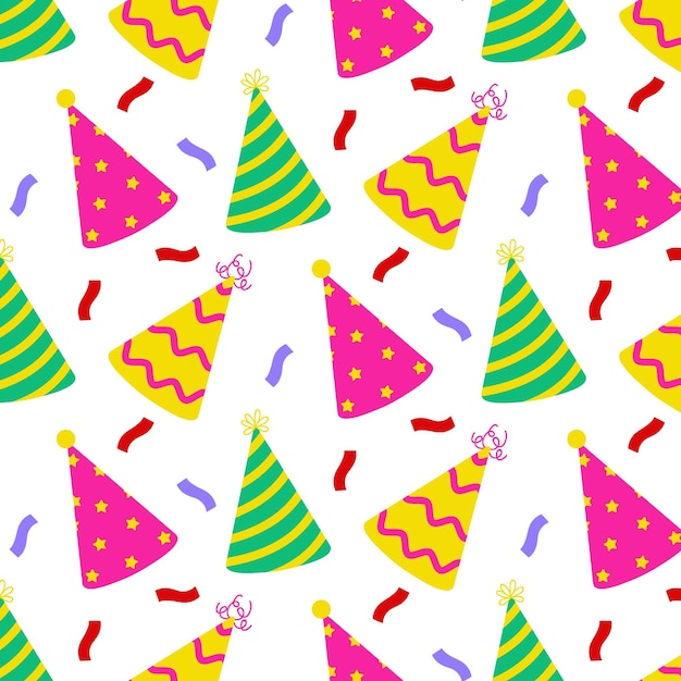 Colorful party hats and confetti create a festive atmosphere for celebrations