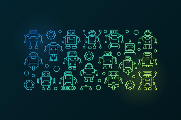 Colorful robots illustration vector banner with dark background