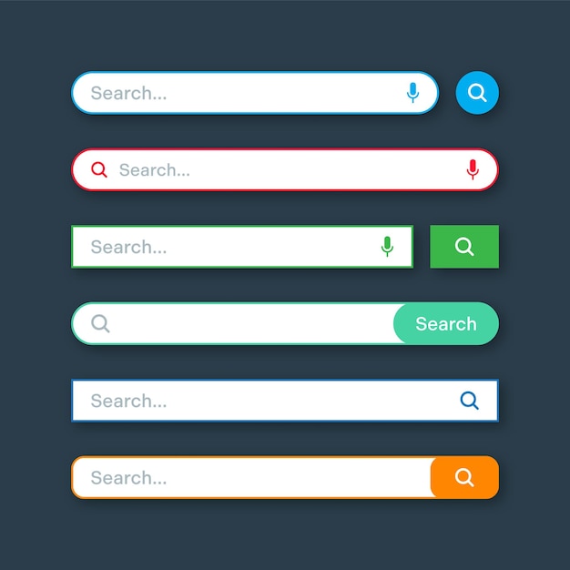 Colorful search bar templates Internet browser engine with search box address bar and text field UI design website interface element with web icons and push button Vector illustration