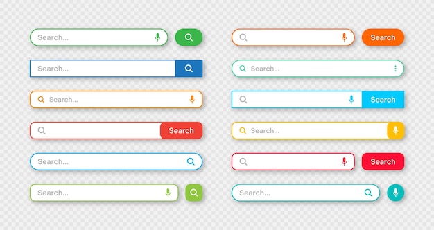 Colorful search bar templates Internet browser engine with search box address bar and text field UI design website interface element with web icons and push button Vector illustration