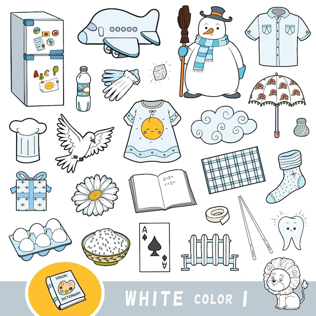 colorful set of white color objects visual dictionary for children about the basic colors