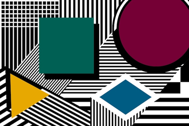colorful simple geometric shapes on black and white striped background