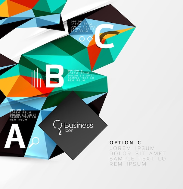 Colorful triangle mosaic 3d geometric object with infographics Vector abstract background for workflow layout diagram number options or web design