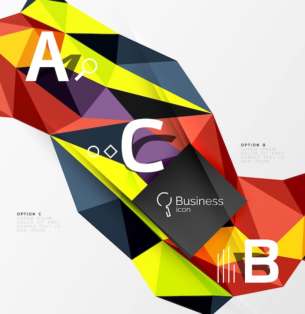 Colorful triangle mosaic 3d geometric object with infographics Vector abstract background for workflow layout diagram number options or web design
