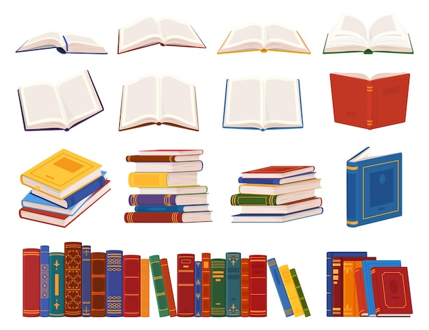 Columns of books to read Nabi literature dictionaries encyclopedias Books on the shelves Vector illustration