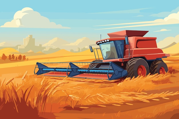 Combine harvester working in wheat field Wheat harvesting process with modern combine vector illustration