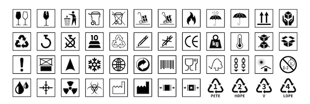 common packaging warning symbol set common and warning symbol set in black and white flat style isolated on transparent