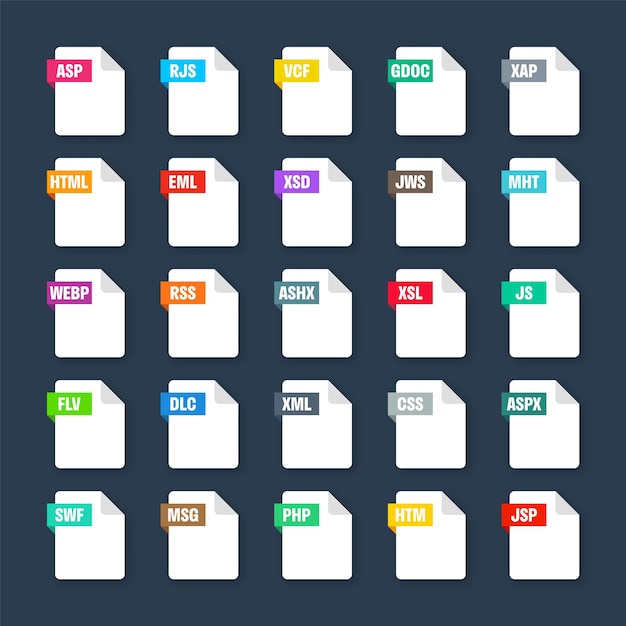 Common system file formats document types and extensions flat style icons collection document