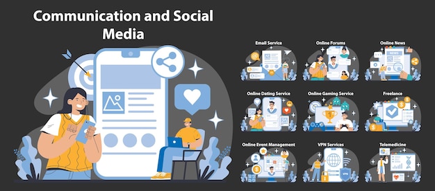 Communication and social media night or dark mode set diverse internet services and digital