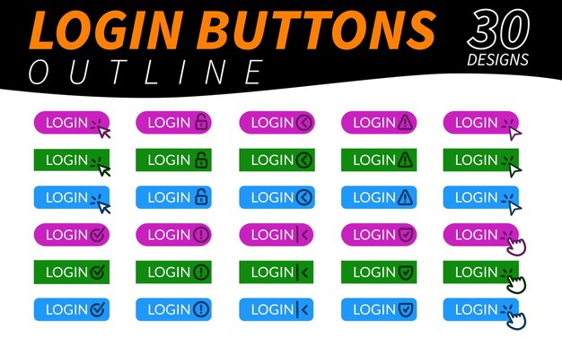 Complete set of login buttons with hand pointer arrow pointer and other related icons in outline