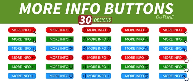 Complete set of more info buttons with hand pointer arrow pointer and other related icons in bold