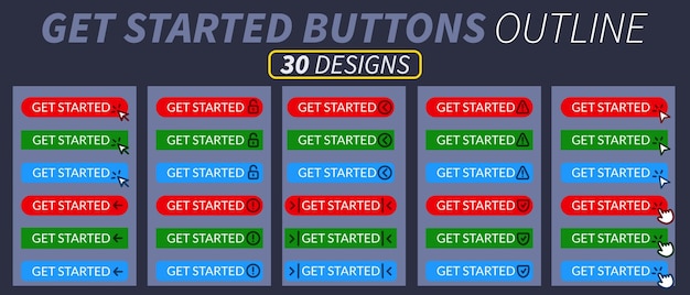 complete set of started buttons with hand pointer arrow pointer and other icons related to outline