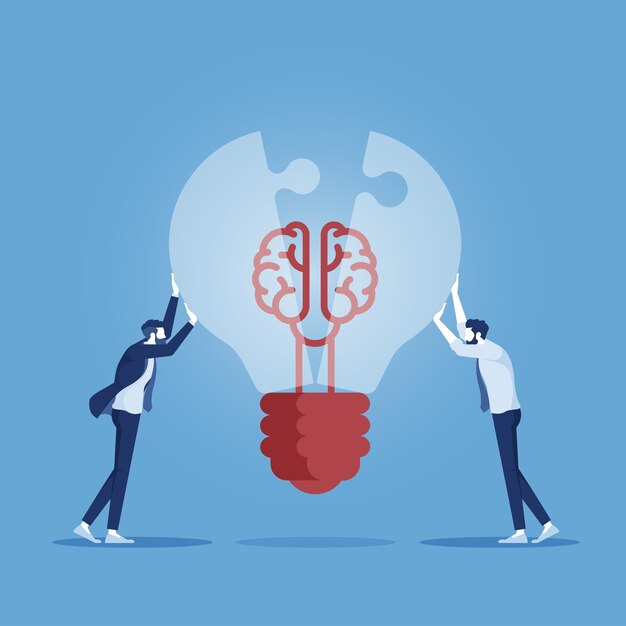 Completing Idea, businessman connected piece of light bulb jigsaw, collaboration business concept