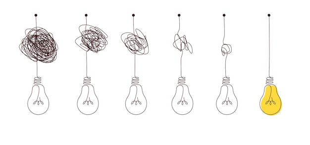 Complex to simple way to create idea - messy clew symbols with light bulb. Scribble line knot from complicated to simplicity round elements, concept of transition from difficult to easy.
