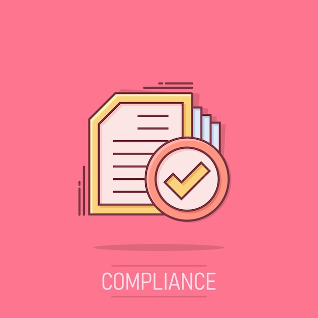 compliance document icon in comic style approved process vector cartoon illustration on white isolated background checkmark business concept splash effect