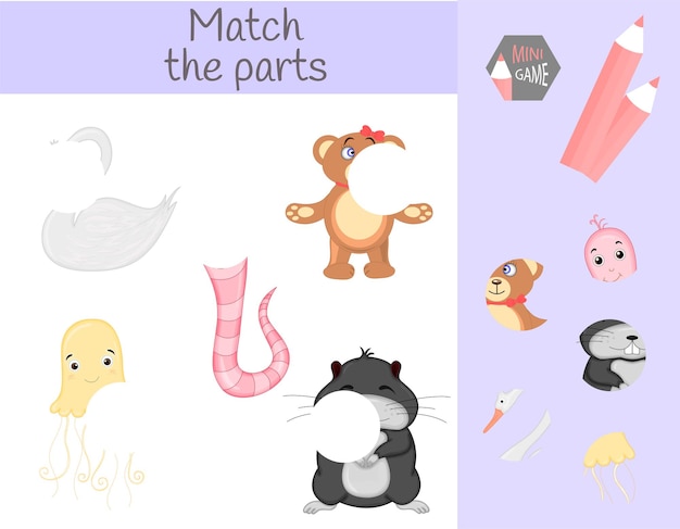 Compliance with children's educational game. Match animal parts. Find the missing puzzles.