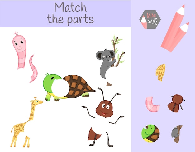 Compliance with children's educational game. Match animal parts. Find the missing puzzles.