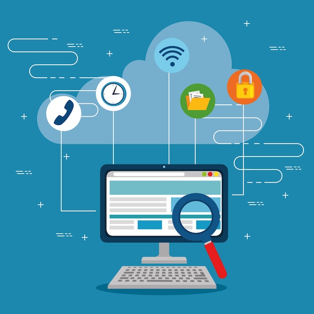 Computer and lupe of Cloud computing and services theme Vector illustration