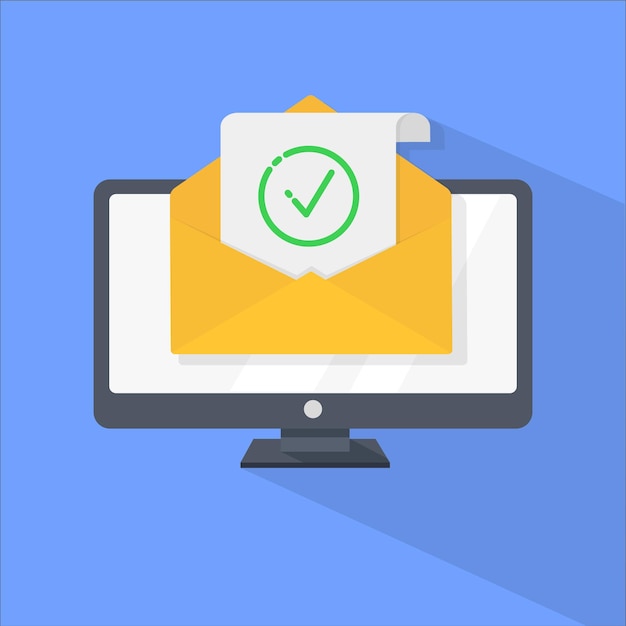 Computer and yellow envelope New message or email Computer with mail icon isolated on background Flat icon with long shadow Vector stock illustration