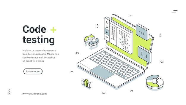 Computer code testing software programming isometric web banner design template vector