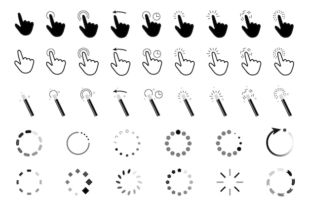 Computer cursors mega set elements in flat graphic design Bundle objects of navigation symbols click finger hands wands circles and arrows for pointer choice downloading Vector illustration