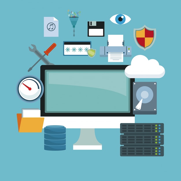 computer display and technology elements in icons floating