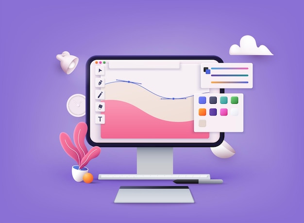 Computer display with vector design program 3D Web Vector Illustrations
