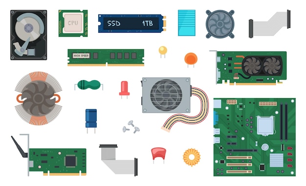 Computer equipment Smart circuit boards components semiconductors exact vector electric set