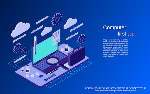 Computer first aid flat 3d isometric vector concept illustration