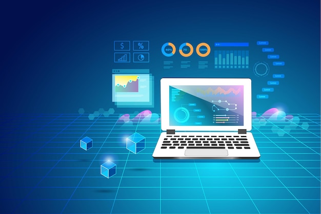 Computer generated business data analysis report interface with blockchain technology in futuristic background Business financial data science research and web development concept