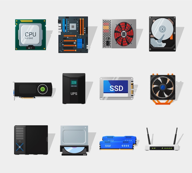 computer hardware in flat style. detailed flat style. different computer parts. cpu, motherboard, hdd, ssd and video card.