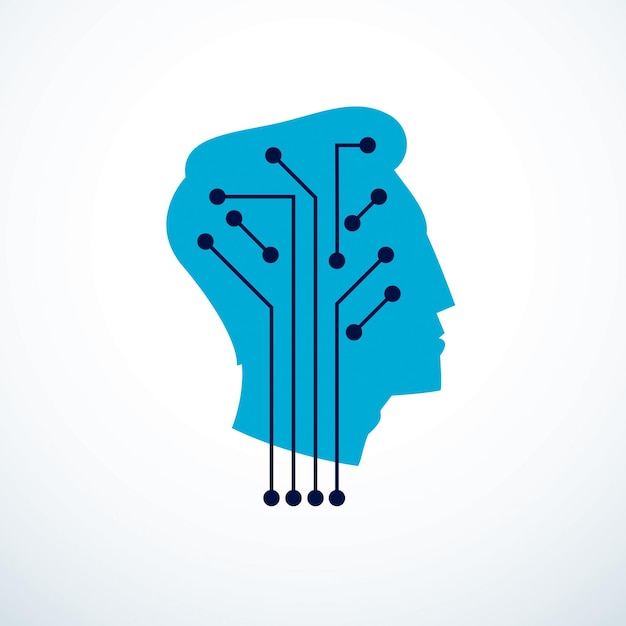 Computer human android bot, artificial intelligence concept. Human profile with electronics elements icon. Vector logo design. Smart software, idea of intelligent machines and digital mind.