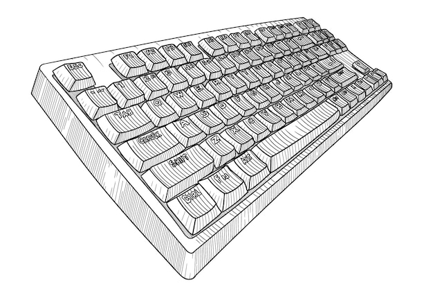Computer keyboard with keys Object isolated on beige background Simple line sketch
