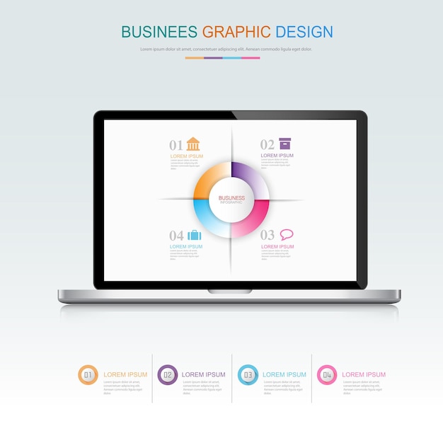 Computer laptop with business infographic on screen3d and flat vector design illustration for web banner or presentation used