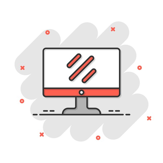 Computer monitor icon in comic style Tv display cartoon vector illustration on isolated background Monitor pictogram splash effect business concept