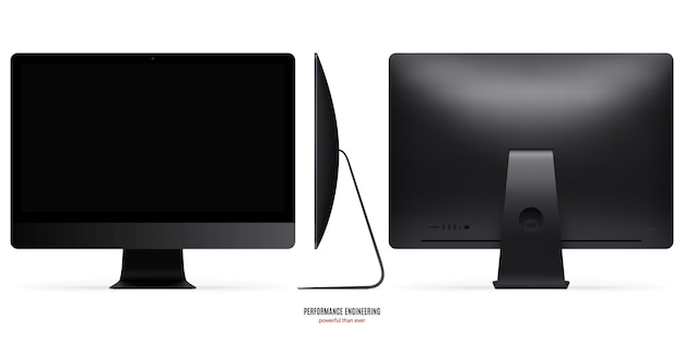 computer monitor mockup in black color view front back and side on white background