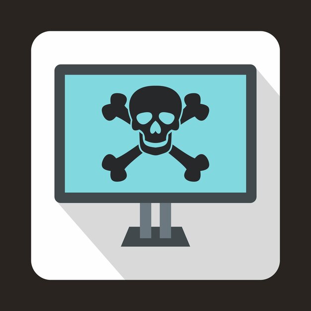 computer monitor with a skull and bones icon in flat style on a white background