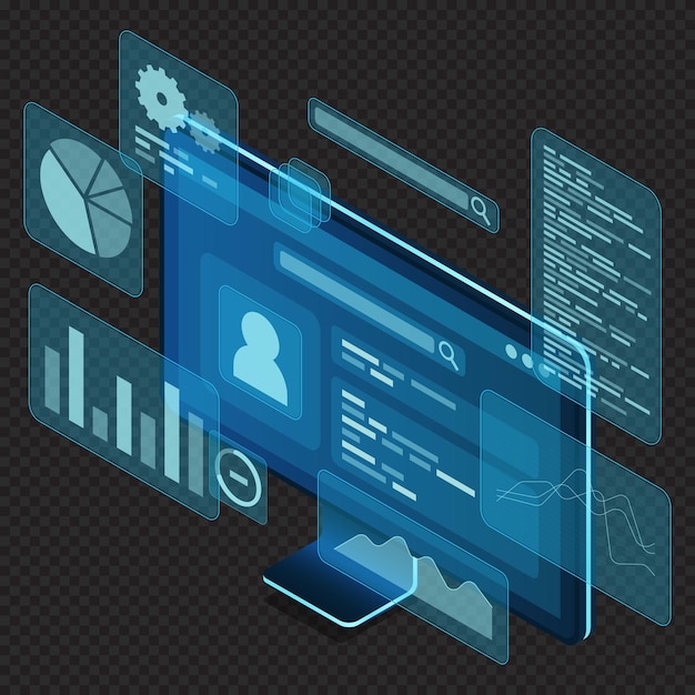 Computer monitor with blue virtual holographic projections with graphs and charts for data analysis Analytics data on monitor Web development concept