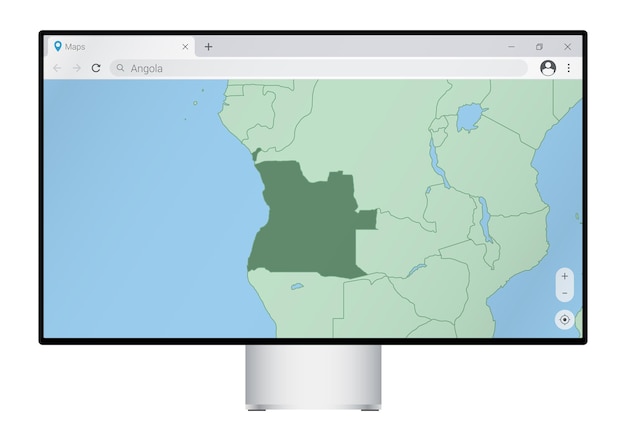 Computer monitor with map of Angola in browser, search for the country of Angola on the web mapping program.