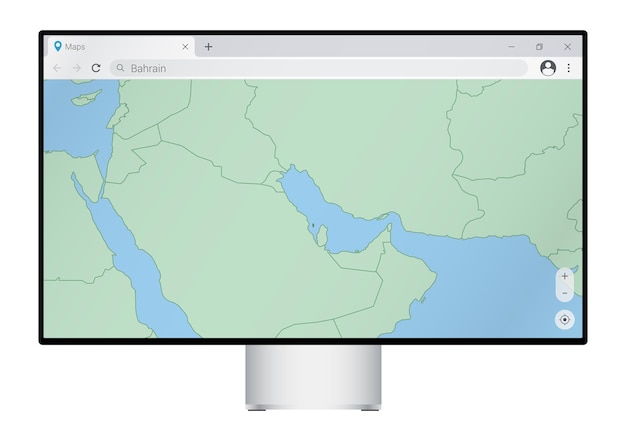Computer monitor with map of Bahrain in browser, search for the country of Bahrain on the web mapping program.